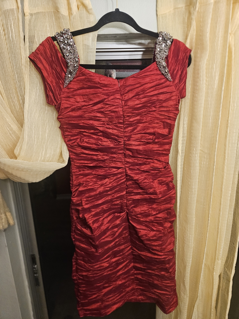 Alex Evenings Red Ruched Mini Dress with Jeweled Shoulders - Picture 2 of 16